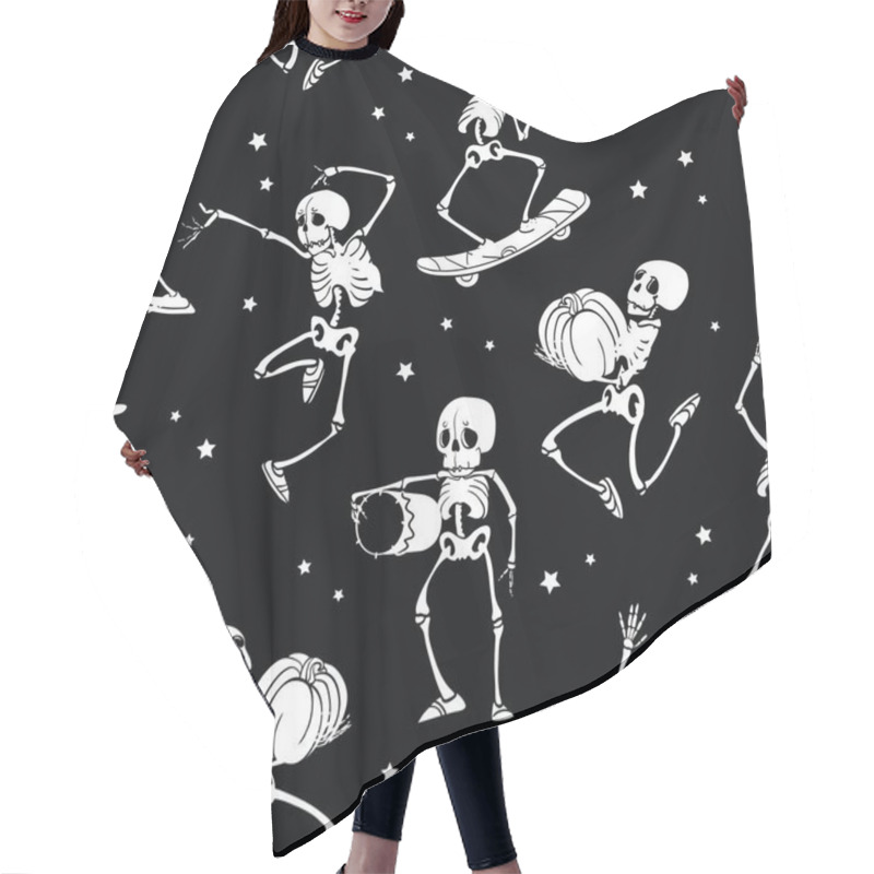 Personality  Vector Fun Black And White Dancing And Skateboarding Skeletons Haloween Repeat Pattern Background. Great For Spooky Fun Party Themed Fabric, Gifts, Giftwrap. Hair Cutting Cape