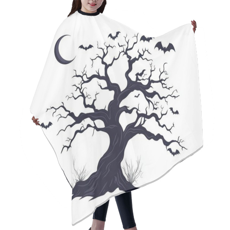 Personality  A Spooky Black Tree With Twisted Branches, Silhouetted Against A Crescent Moon And Flying Bats, Perfect For Halloween. Hair Cutting Cape