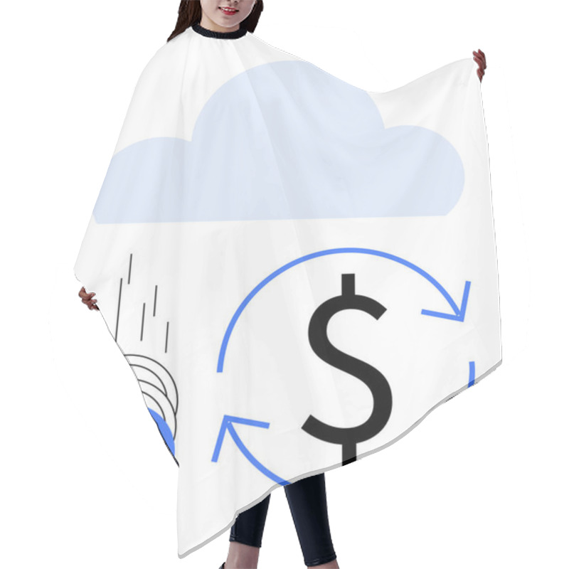 Personality  Cloud Backdrop With Falling Coins, Dollar Sign Encircled By Arrows Indicating Money Transfer Or Investment. Ideal For Finance, Banking, Fintech, Cloud Computing, Investment, Technology, Digital Hair Cutting Cape