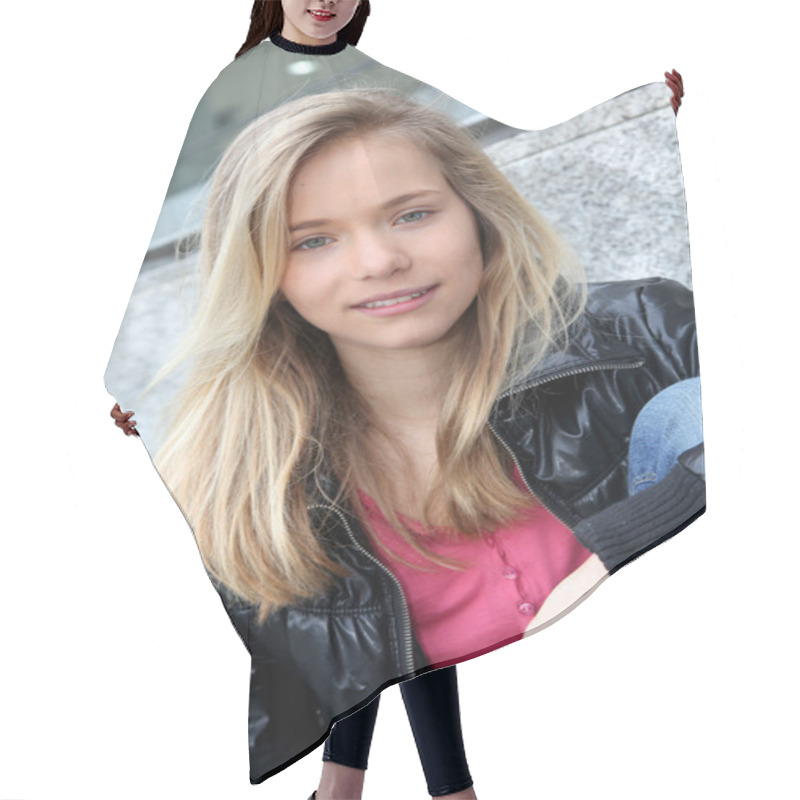 Personality  Closeup Of Teenage Girl Hair Cutting Cape