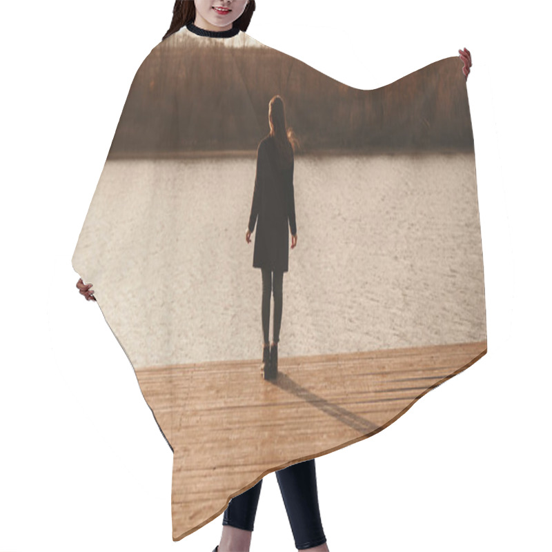 Personality  Woman In Black Outfit Standing On Pier Near River Hair Cutting Cape