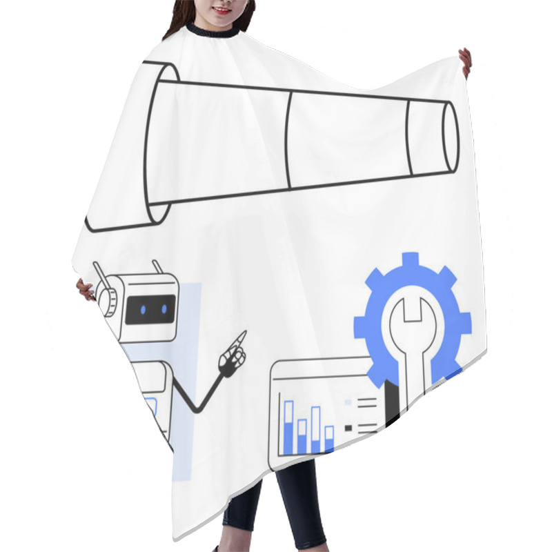 Personality  Telescope AI Robot Pointing Growth Chart Analytical Tools, And Gear Icon. Ideal For Technology, Innovation, Data Analysis, Artificial Intelligence, Growth, Exploration, And Progress. Line Metaphor Hair Cutting Cape