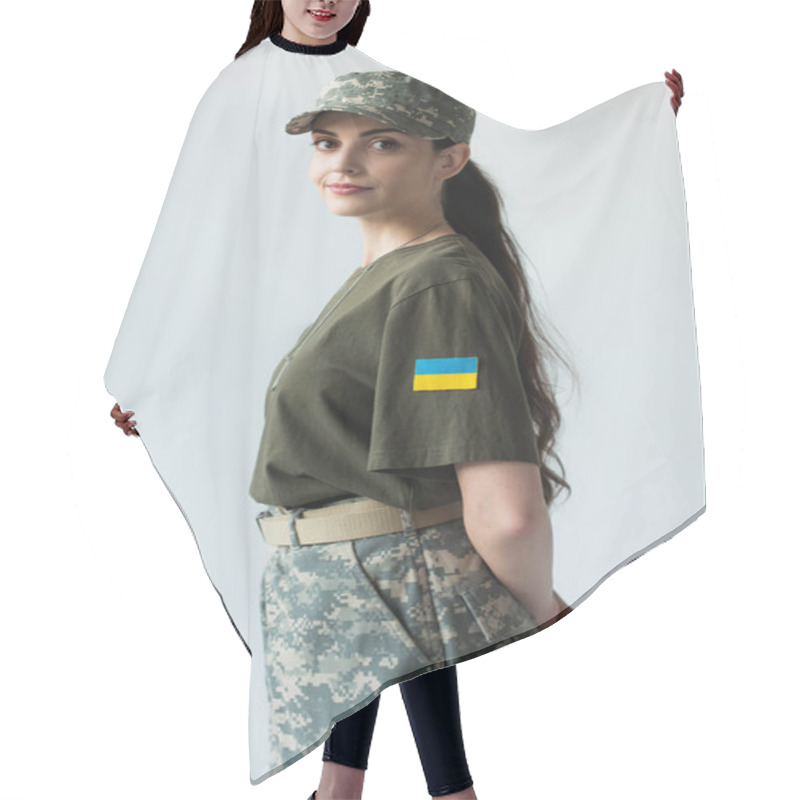 Personality  Young Soldier With Ukrainian Flag On Chevron Looking At Camera Isolated On Grey  Hair Cutting Cape