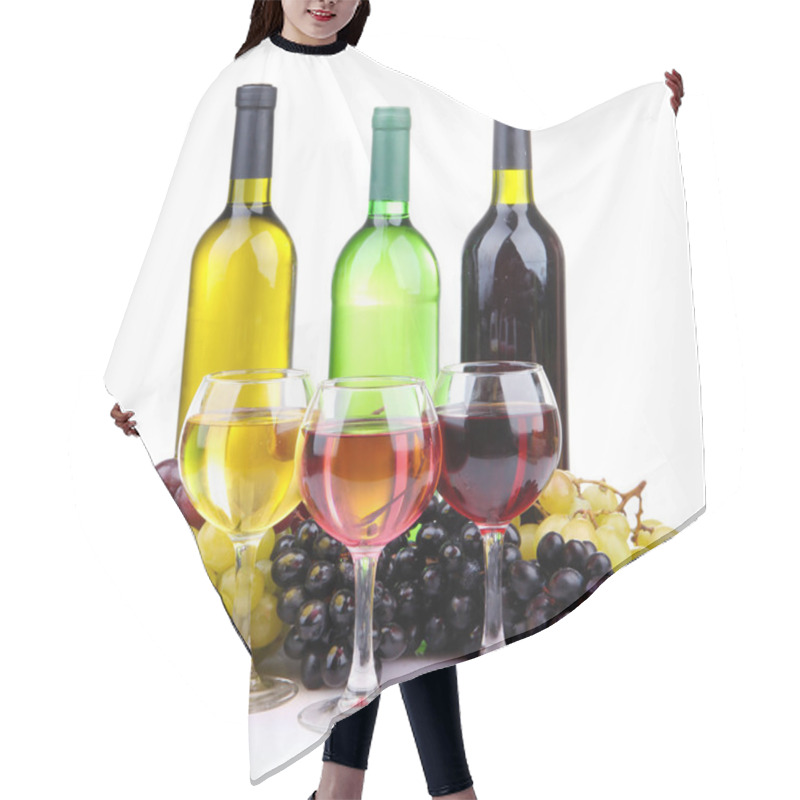 Personality  Bottles And Glasses Of Wine And Assortment Of Grapes, Isolated On White Hair Cutting Cape