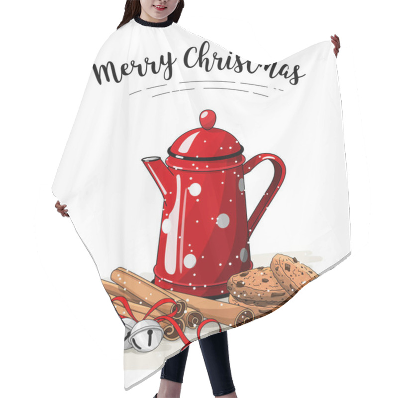 Personality  Christmas Still-life, Red Tea Pot, Brown Cookies, Cinnamon Sticks And Jingle Bells On White Background, Illustration Hair Cutting Cape