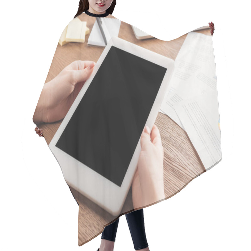 Personality  Cropped View Of Woman Using Digital Tablet With Blank Screen At Workplace Hair Cutting Cape