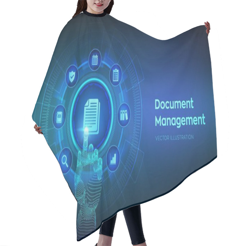 Personality  DMS. Document Management Data System. Corporate Data Management System. Privacy Data Protection. Business Internet Technology Concept. Robotic Hand Touching Digital Interface. Vector Illustration. Hair Cutting Cape