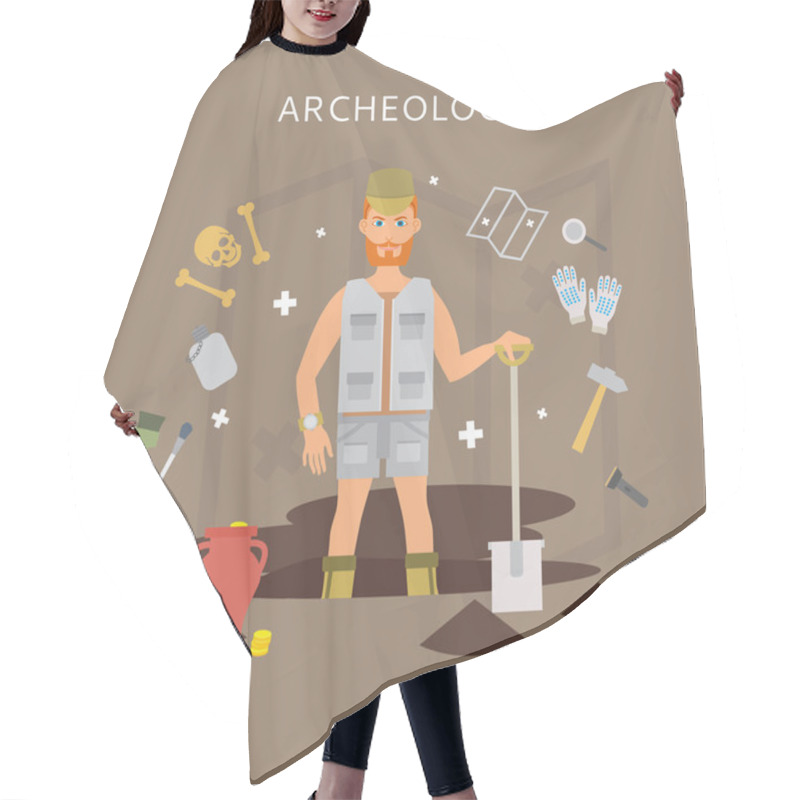 Personality  Archeology Vector Flat Illustrations. Archaeologist, Map, Magnifier, Shovel, Pick, Vector Symbols. Vector Treasure Hunt Excavations. Archeology Vector Symbols Hair Cutting Cape