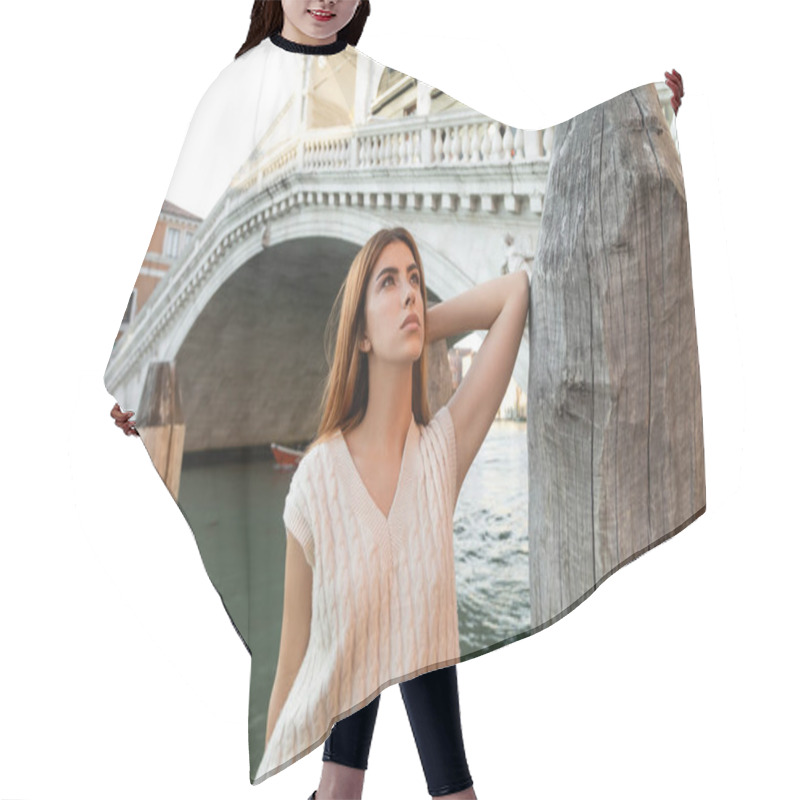 Personality  Young Woman Looking Away Near Wooden Piling And Rialto Bridge On Background In Venice Hair Cutting Cape