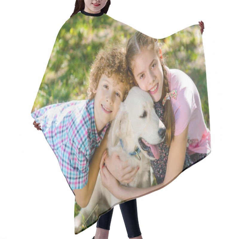 Personality  Two Children With Their Pet Hair Cutting Cape