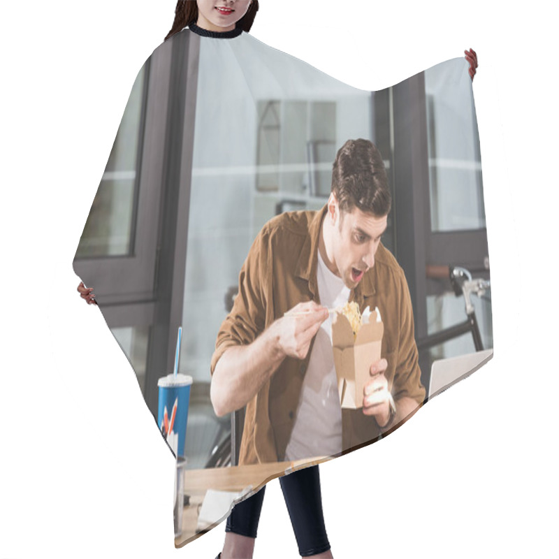 Personality  Hungry Businessman Eating Take Away Noodles From Box At Office Hair Cutting Cape