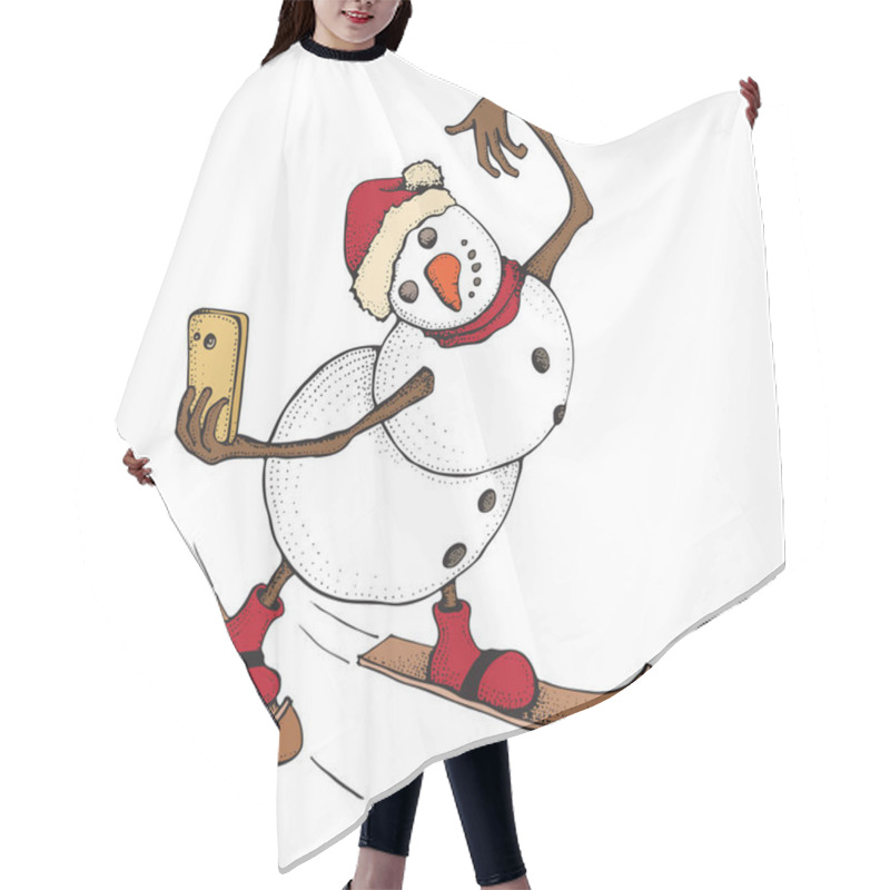 Personality  Funny Snowman Skiing. Cute Winter Holiday. The Character With A Smartphone Takes A Selfie. Hand Drawn Doodle Illustration Isolated On White Background. Merry Christmas And Happy New Year Hair Cutting Cape