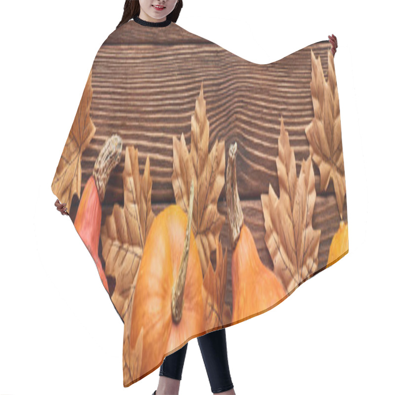 Personality  Panoramic Shot Of Pumpkins On Brown Wooden Surface With Dried Autumn Leaves Hair Cutting Cape