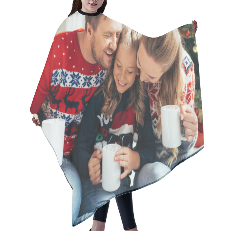 Personality  Happy Family In Sweaters Holding Cups With Drinks On Christmas  Hair Cutting Cape