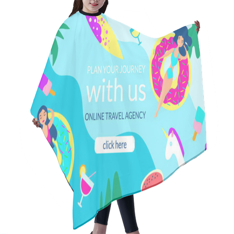 Personality  Concept Of Landing Page On Theme Of Summer Vacation On Beach - Sea - Ocean. Girls Swim On Donut-shaped Air Mattress. Palm Trees - Unicorn - Surfboard - Fruit. For Mobilewebsite, Web Page. Vector Graphics. Hair Cutting Cape