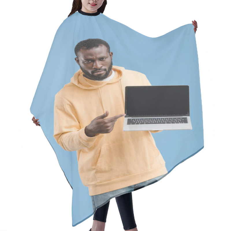 Personality  Serious Young African American Man Pointing By Finger At Laptop With Blank Screen Isolated On Blue Background Hair Cutting Cape