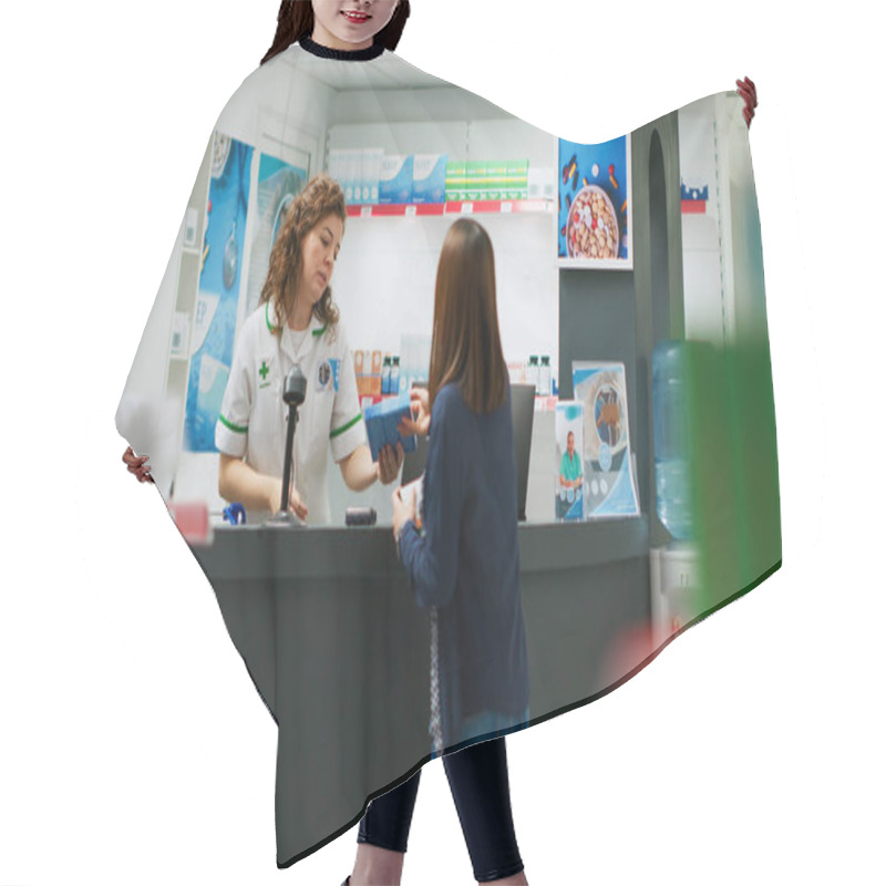 Personality  Multiethnic Group Of Clients Paying For Medication With Credit Card, Smartwatch And Nfc With Telephone. People Waiting In Line To Buy Pharmaceutical Products In Pharmacy Retail Store. Tripod Shot. Hair Cutting Cape