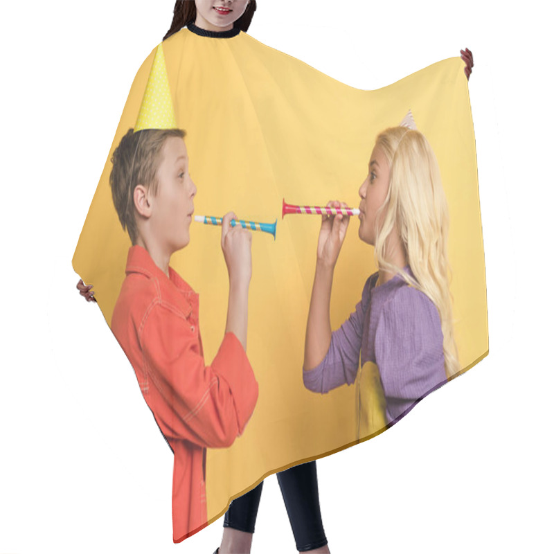 Personality  Side View Of Kids With Party Caps Blowing In Party Horns On Yellow Background  Hair Cutting Cape