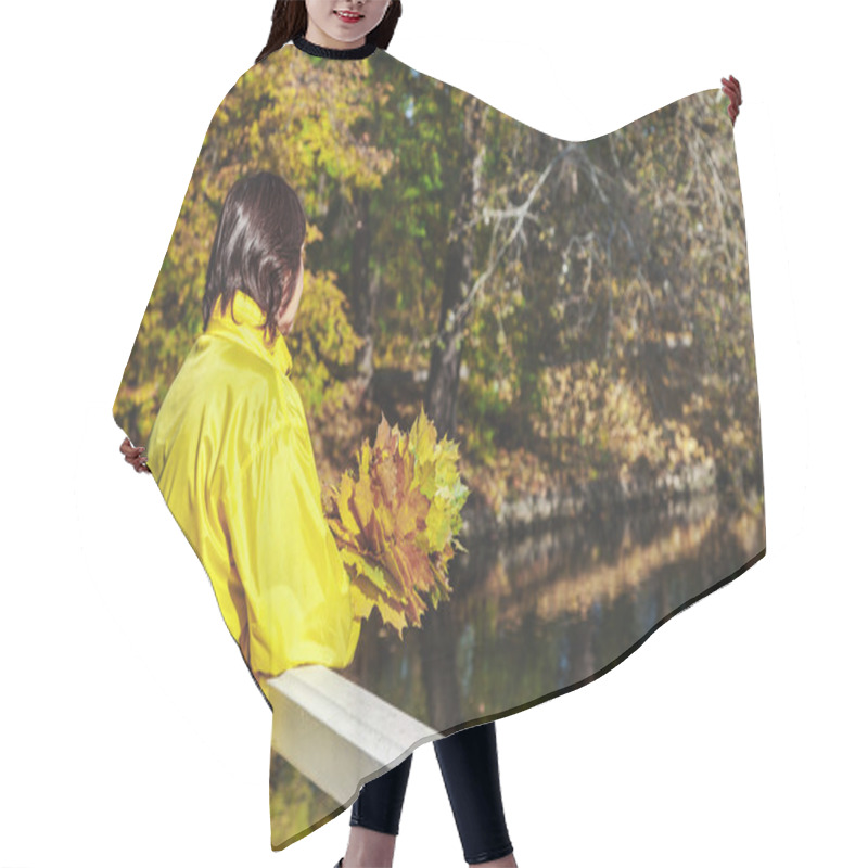 Personality  Woman With Bouquet Of Leaves On Autumn Bridge  Hair Cutting Cape