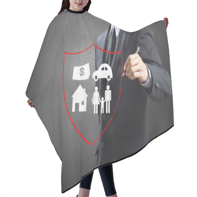 Personality  Business Man Drawing Shield Protecting Family, House, Car, Money. Hair Cutting Cape