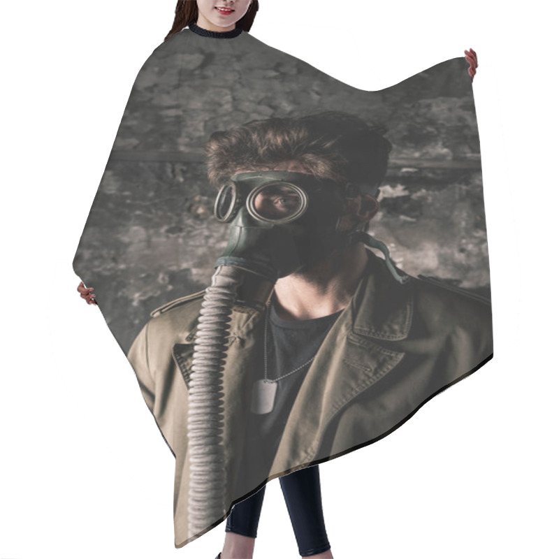 Personality  Man In Gas Mask Standing Near Weathered Wall In Old Room, Post Apocalyptic Concept Hair Cutting Cape