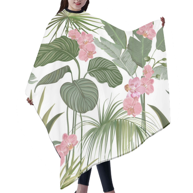 Personality  Seamless Floral Tropical Print With Exotic Orchid Pink Flowers, Green Jungle Leaves On White Background. Rainforest Blossoms And Plants, Nature Textile Ornament Or Wrapping Paper. Vector Illustration Hair Cutting Cape