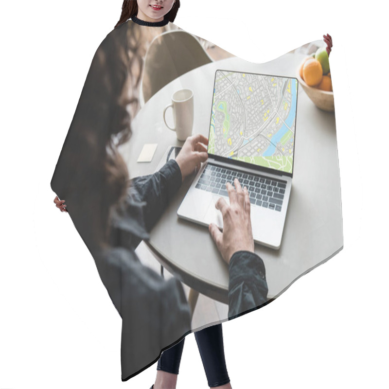 Personality  Back View Of Freelancer Using Laptop With Map On Screen Near Coffee Cup, Sticky Notes And Fruits Hair Cutting Cape