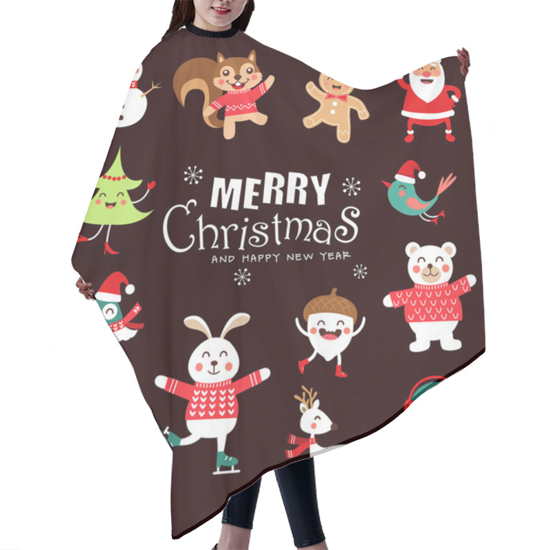 Personality  Set Of Funny Christmas Characters. Cute Animals. Vector Illustration. Hair Cutting Cape