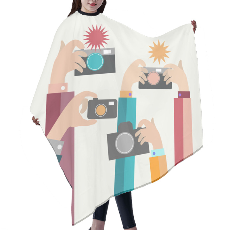 Personality  Modern Flat Photographers Hands With Devices Take Photo  Hair Cutting Cape