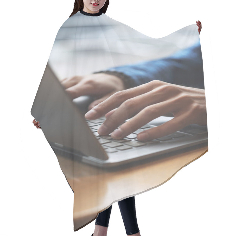 Personality  Close Up Shot Of Hands Typing On Laptop Hair Cutting Cape