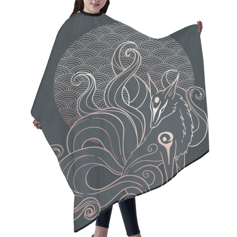 Personality   Illustration With Kitsune, Nine Tailed Fox, Black And Gold Hair Cutting Cape