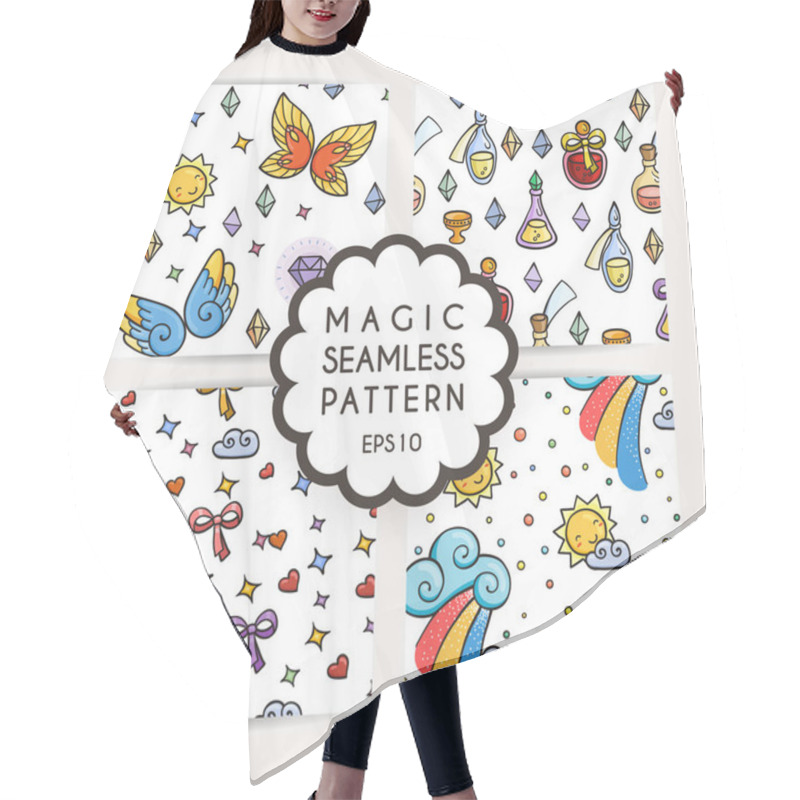 Personality  Set Of Simple Seamless Patterns With Hand Drawn Elements. Hair Cutting Cape