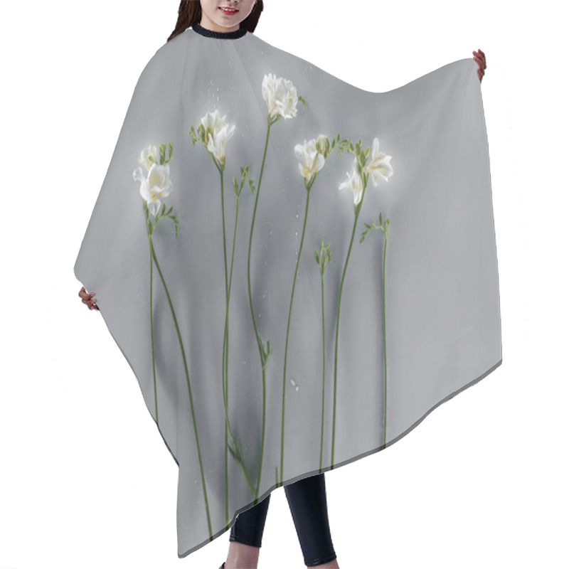 Personality  Blooming Freesia Flowers Over Grey Background Hair Cutting Cape