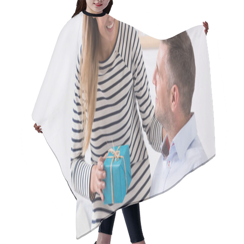 Personality  Woman Giving The Present To Her Disabled Husband Hair Cutting Cape