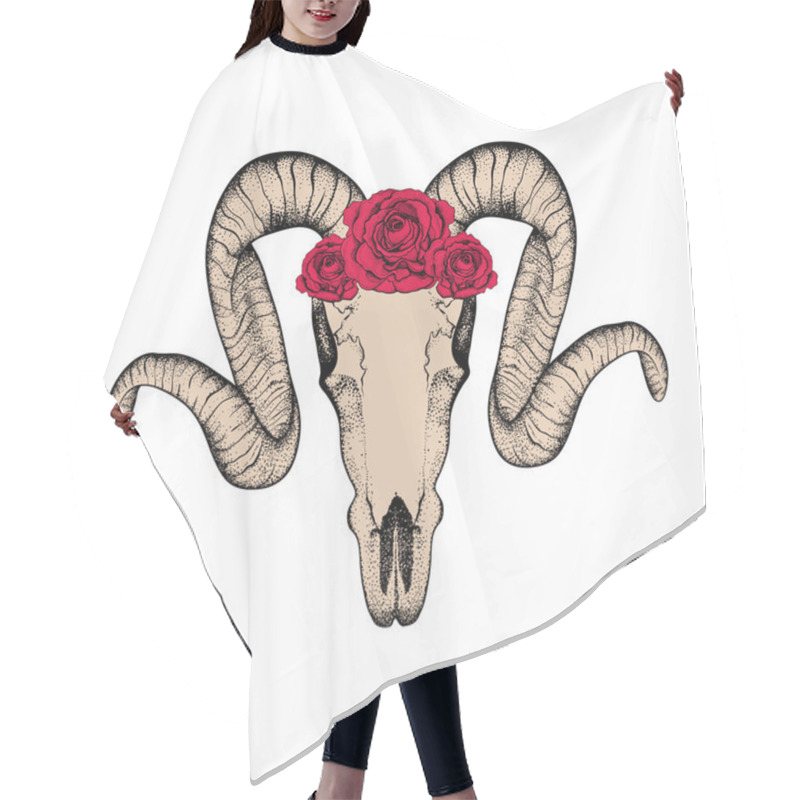 Personality  Hand Drawn  Goat Skull With Red Roses Doodle Vector Illustration Hair Cutting Cape