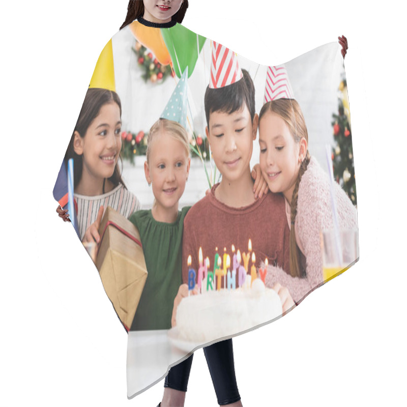 Personality  Multiethnic Kids In Party Caps Holding Presents Near Birthday Cake And Orange Juice At Home  Hair Cutting Cape