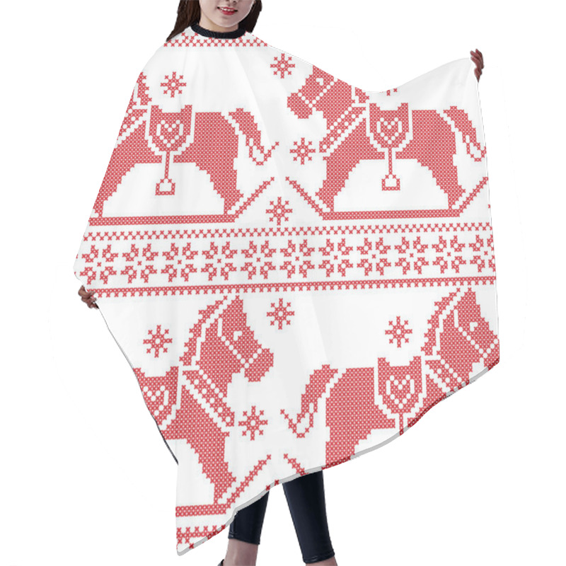 Personality  Scandinavian Seamless Nordic Christmas Pattern With Rocking Horses, Snowflakes,hearts,  Snow, Stars, Decorative Ornaments In Red Cross Stitch Hair Cutting Cape