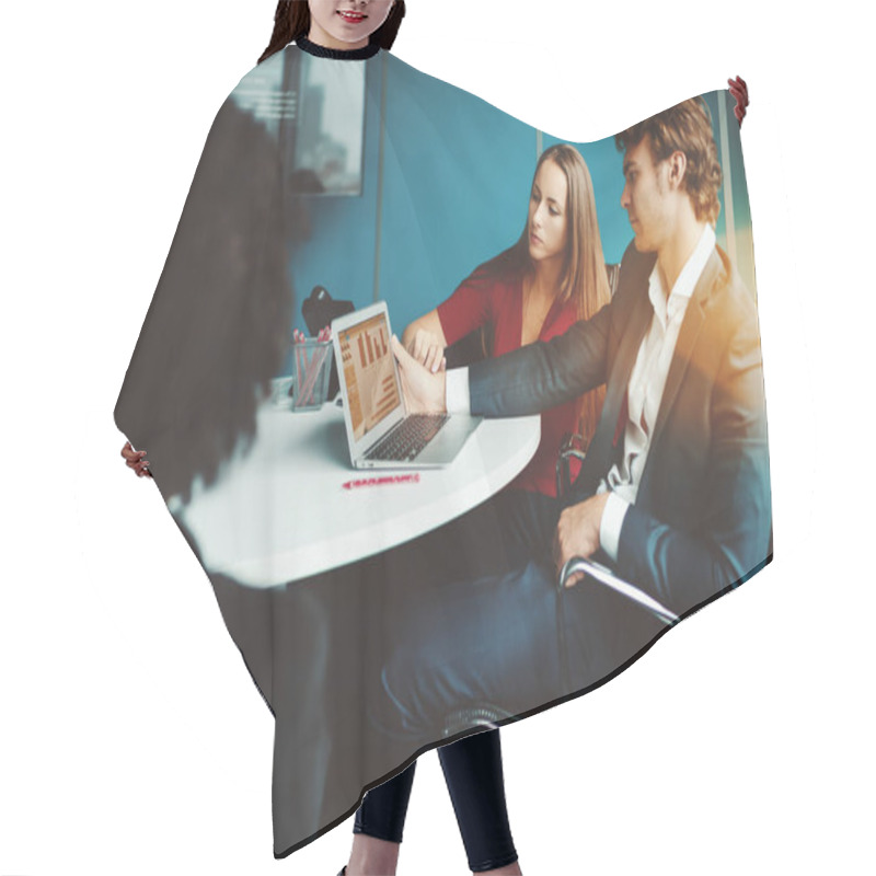 Personality  Business Meeting In Office Settings With Three People Hair Cutting Cape