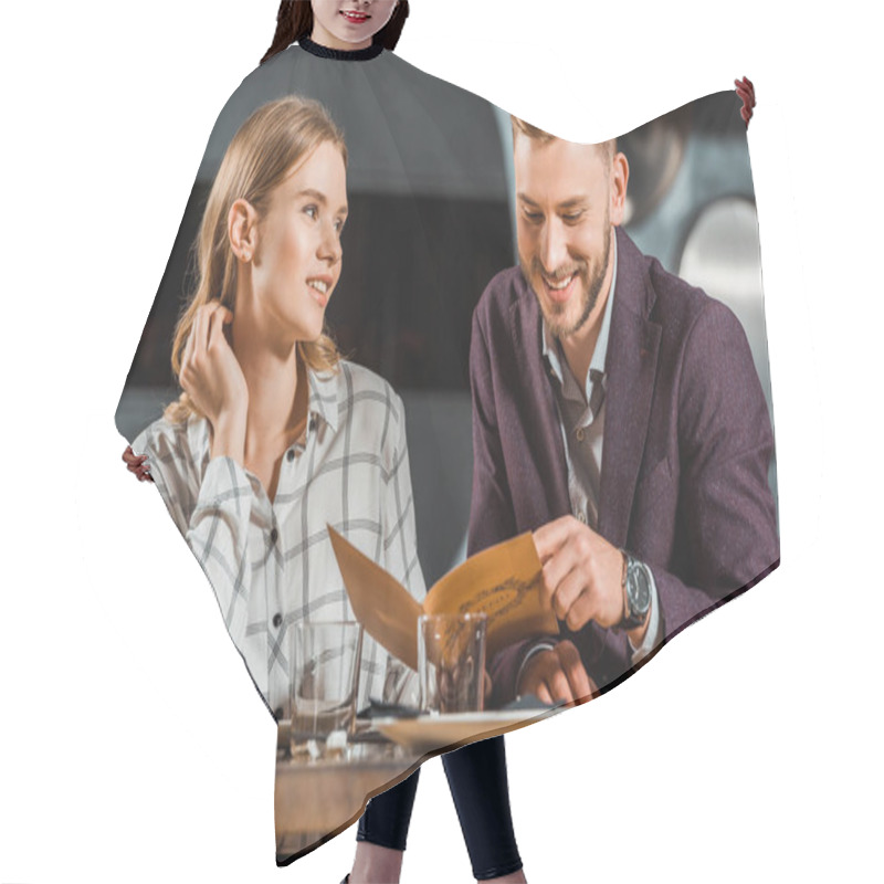 Personality  Happy Smiling Couple Looking In Menu To Order Dinner In Restaurant Hair Cutting Cape