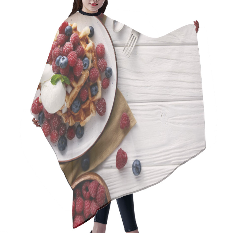 Personality  Top View Of Freshly Baked Belgian Waffles With Berries And Ice Cream On White Wooden Table Hair Cutting Cape