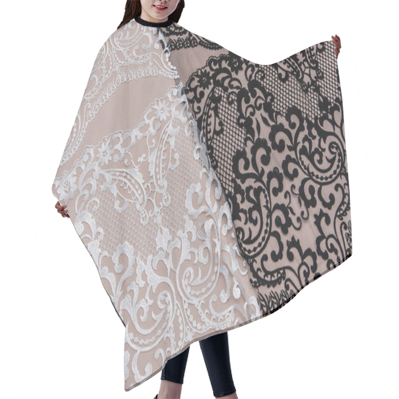 Personality  Texture Lace Fabric. Lace On White Background Studio. Thin Fabric Made Of Yarn Or Thread. A Background Image Of Ivory-colored Lace Cloth. White And Black Lace On Beige Background. Hair Cutting Cape