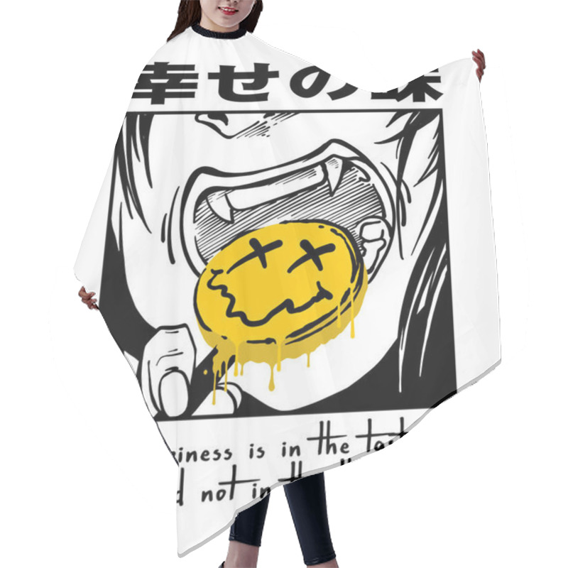 Personality  Hand Drawn Original Manga Character Eating Emoji Candy Illustration With Slogan Print Design Japanese Words Translation Is Taste Of Happiness Hair Cutting Cape