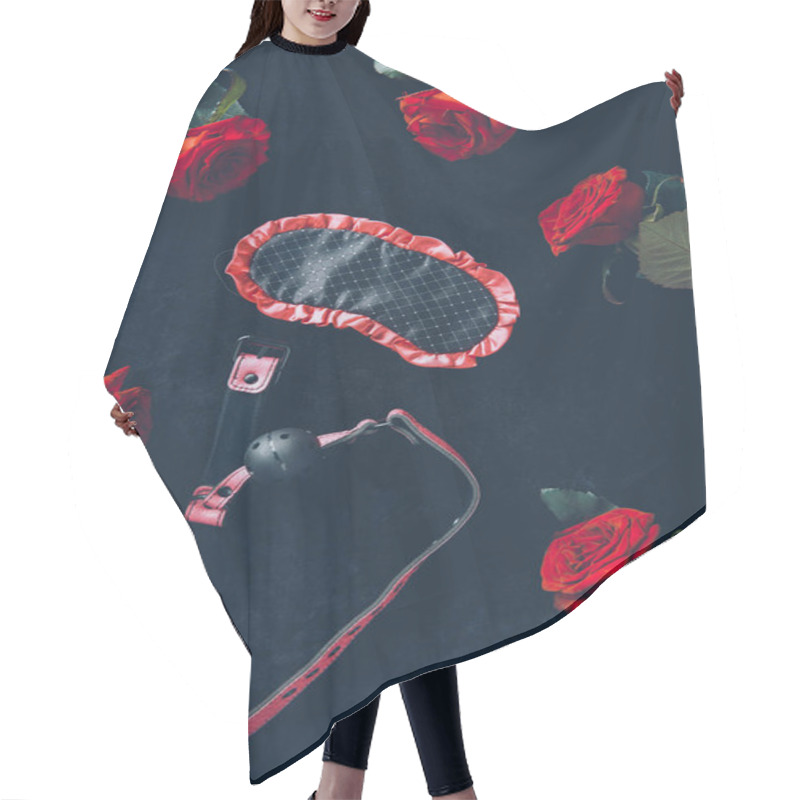 Personality  Top View Of Eye Mask, Gag And Red Roses On Black Hair Cutting Cape