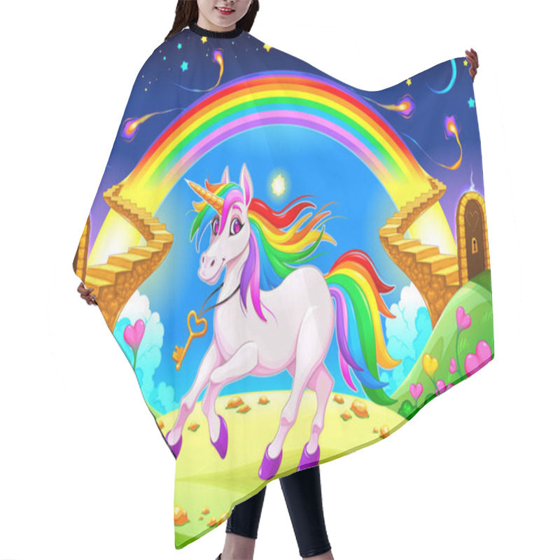 Personality  Rainbow Unicorn In A Fantasy Landscape With Golden Stairs. Vector Illustration Hair Cutting Cape