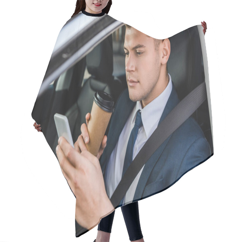 Personality  Young Businessman Using Smartphone And Holding Coffee To Go On Driver Seat In Car Hair Cutting Cape