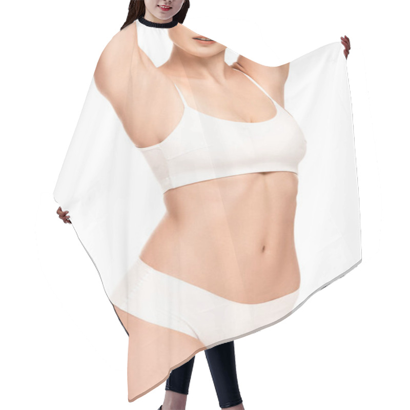 Personality  Cropped View Of Woman With Perfect Body In Panties And Top Standing With Hands Above Head Isolated On White Hair Cutting Cape