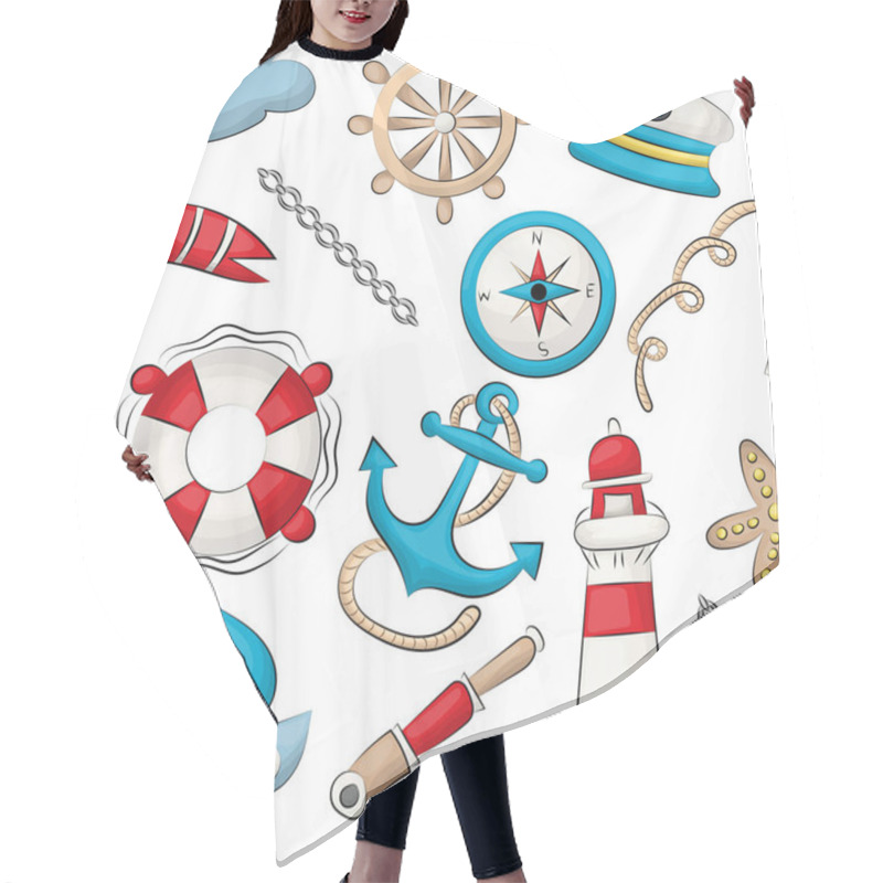 Personality  Marine Nautical Travel Theme. Seamless Pattern. Repeating Background For Textile, Wrapping, Wallpaper. Vector Illustration. Hair Cutting Cape