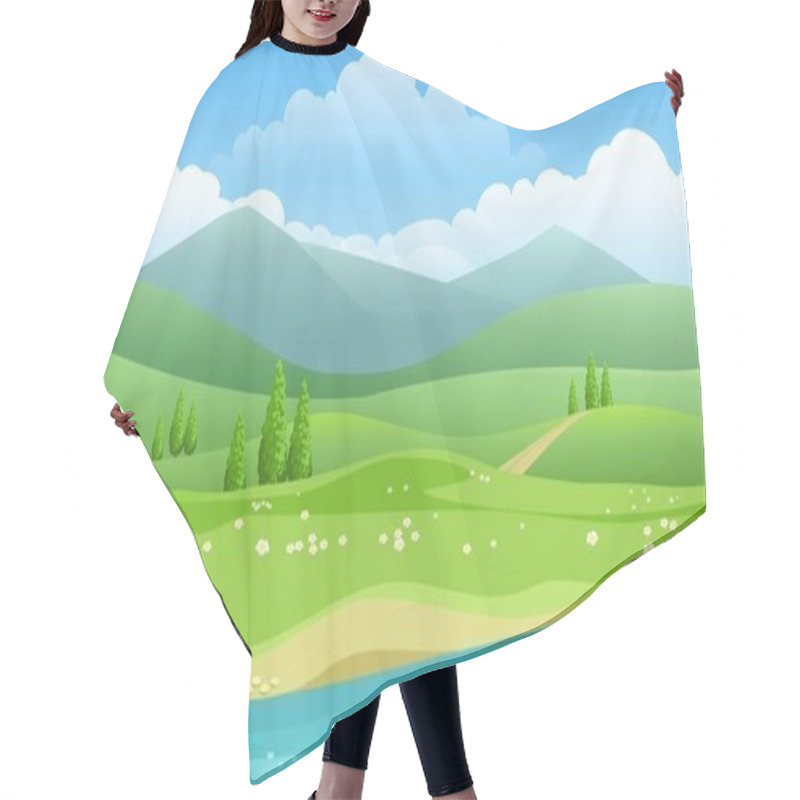 Personality  Summer hills and river panorama hair cutting cape