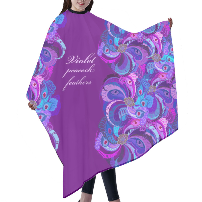 Personality  Violet, Lilac And Blue Peacock Feathers. Vertical Border Dark Design. Hair Cutting Cape