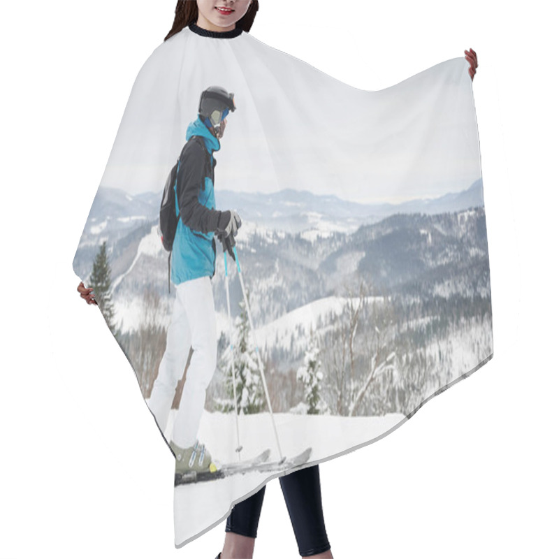 Personality  Man Skier Looking At Beautiful Snowy Mountains At Ski Resort. Concept Of Winter Sport Activities. Hair Cutting Cape